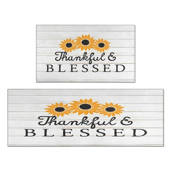 Kitchen Rugs and Mats Non Skid Washable White Wood Text Sunflower Flowers Kitchen Mat and Rug Set,Floor Cushion Waterproof Rug,Rubber Backed Area Rugs for Kitchen Laundry