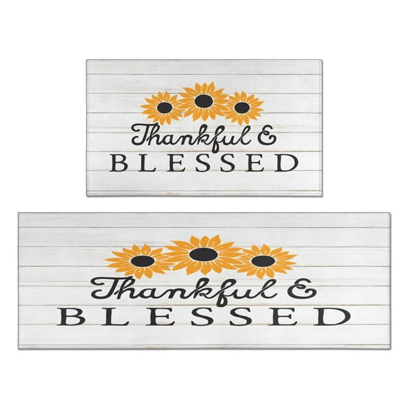 Kitchen Rugs and Mats Non Skid Washable White Wood Text Sunflower Flowers Kitchen Mat and Rug Set,Floor Cushion Waterproof Rug,Rubber Backed Area Rugs for Kitchen Laundry