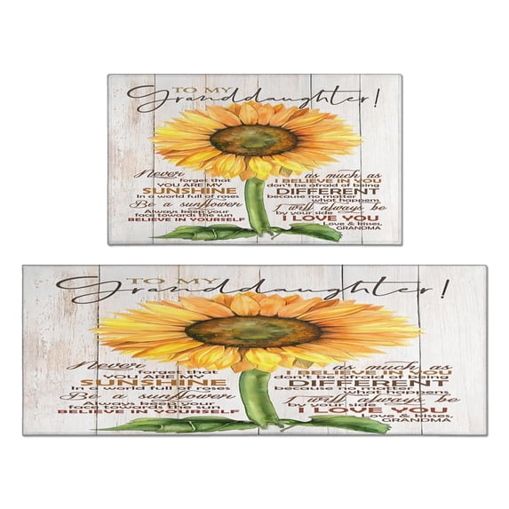 Kitchen Rugs and Mats Non Skid Washable White Wood Text Sunflower Flowers Kitchen Mat and Rug Set,Floor Cushion Waterproof Rug,Rubber Backed Area Rugs for Kitchen Laundry