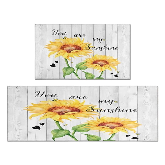 Kitchen Rugs and Mats Non Skid Washable White Wood Text Sunflower Flowers Kitchen Mat and Rug Set,Floor Cushion Waterproof Rug,Rubber Backed Area Rugs for Kitchen Laundry