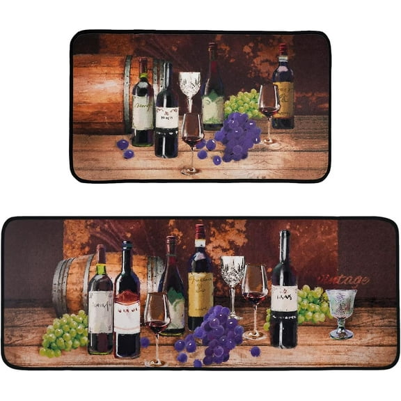 Kitchen Rugs and Mats Non Skid Washable- Wine Decor Themed Kitchen Mat and Rug Set,Floor Cushion Waterproof Rug,Rubber Backed Area Rugs for Kitchen Sink,Laundry Room,Indoor Floor,Brown Burgundy