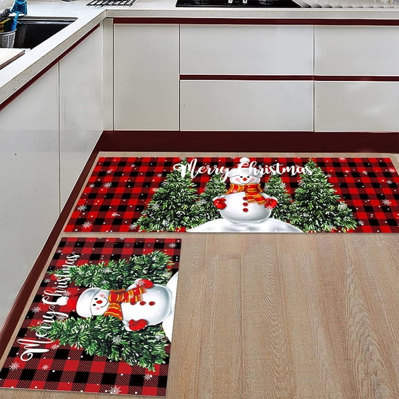 Kitchen Rugs and Mats Non-Slip Anti-Fatigue Kitchen Rug with Runner Set of 2, Merry Christmas Snowman and Xmas Tree Black Red Buffalo Plaid Kitchen Mats for Floor 15.7x23.6inch+15.7x47.2inch