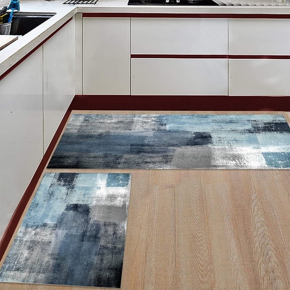 Kitchen Rugs and Mats Non-Slip Cushioned Anti-Fatigue Kitchen Rug with Runner Set of 2, Gray Modern Abstract Oil Painting Textured Carpet Absorbent Kitchen Mats for Floor 19.7x31.5inch+19.7x47.2inch