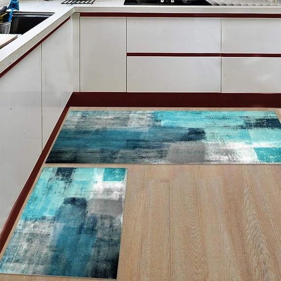 Kitchen Rugs and Mats Non-Slip Cushioned Anti-Fatigue Kitchen Rug with Runner Set of 2, Turquoise Grey Modern Abstract Oil Painting Textured Kitchen Mats for Floor 15.7x23.6inch+15.7x47.2inch