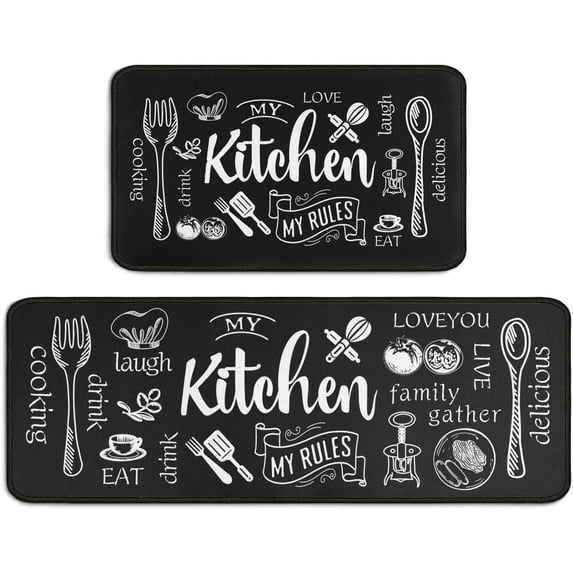 Kitchen Rugs and Mats, Non-Slip Washable Anti-Fatigue Kitchen Mats 2 Pieces Black Kitchen Carpet Floor Comfort Mats for Kitchen Sink Front Two Piece Set, Black 17x30+17x47inch