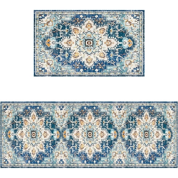 Kitchen Rugs and Mats Non-Slip Washable Set of 2, Boho Farmhouse Washable Kitchen Mats for Floor, Front of Sink, Entryway and Hallway Blue, 18"x30"+18"x47"