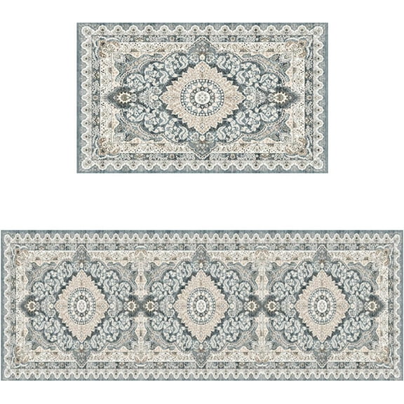 Kitchen Rugs and Mats Non-Slip Washable Set of 2, Boho Farmhouse Washable Kitchen Mats for Floor, Front of Sink, Entryway and Hallway Grey, 18"x30"+18"x47"