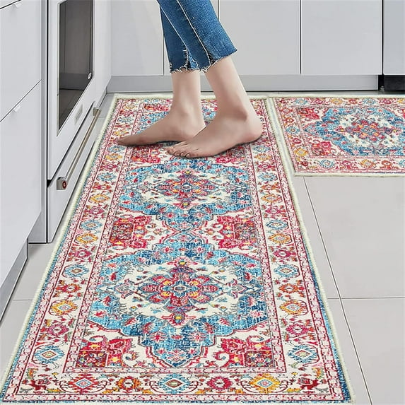 Kitchen Rugs and Mats Non-Slip Washable Set of 2, Boho Farmhouse Washable Kitchen Mats for Floor, Front of Sink, Entryway and Hallway Red Blue, 18"x30"+18"x47"