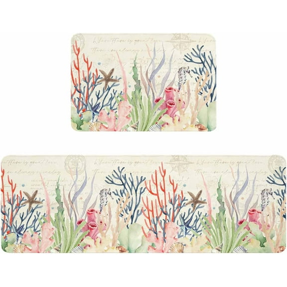 Kitchen Rugs and Mats,Ocean Coral Summer Coastal 2 Piece Anti Fatigue Area Runner Rug Set Comfort Standing Floor Mat,Nautical Shell Retro Stamp Non Slip Absorbent Doormats for Laundry/Bathroom