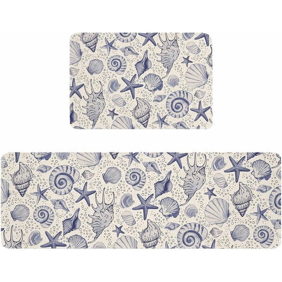 Kitchen Rugs and Mats,Ocean Navy Blue Starfish Conch Seamless 2 Piece Anti Fatigue Area Runner Rug Set Comfort Standing Floor Mat,Marine Life Retro Linen Non Slip Absorbent Doormats for Laundry