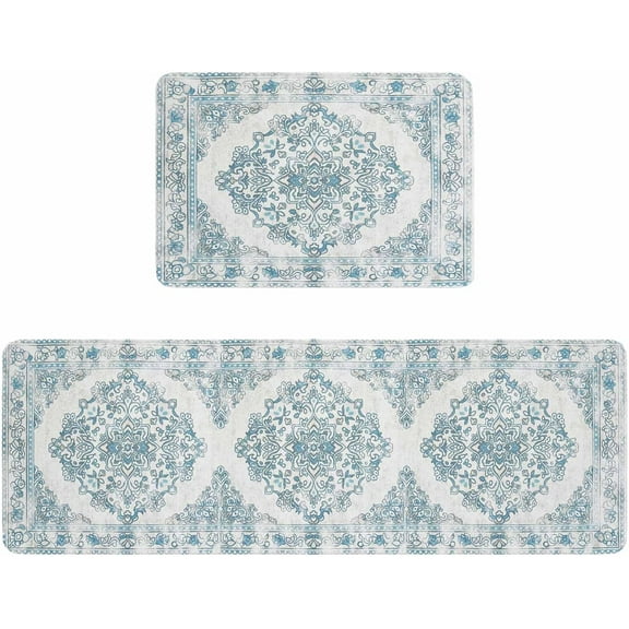 Kitchen Rugs and Mats,Persian Ethnic Pattern 2 Piece Anti Fatigue Area Runner Rug Set Comfort Standing Floor Mat,Teal Retro Floral Texture Non Slip Absorbent Doormats for Laundry/Bathroom/Bedroom