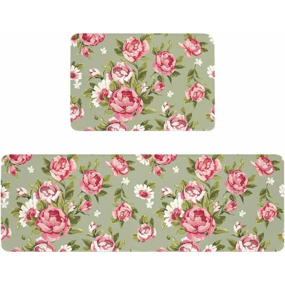 Kitchen Rugs and Mats,Pink Flowers Peony Sage Green 2 Piece Anti Fatigue Area Runner Rug Set Comfort Standing Floor Mat,Farmhouse Vintage Watercolor Floral Non Slip Absorbent Doormats for Laundry