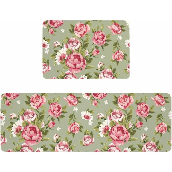 Kitchen Rugs and Mats,Pink Flowers Peony Sage Green 2 Piece Anti Fatigue Area Runner Rug Set Comfort Standing Floor Mat,Farmhouse Vintage Watercolor Floral Non Slip Absorbent Doormats for Laundry