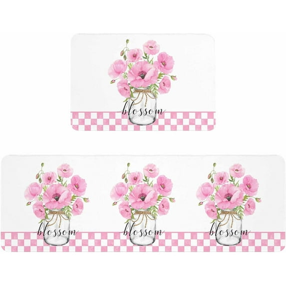 Kitchen Rugs and Mats,Pink Poppy Flowers in Vase Country Floral 2 Piece Anti Fatigue Area Runner Rug Set Comfort Standing Floor Mat,Pastoral White Plaid Non Slip Absorbent Doormats for Laundry