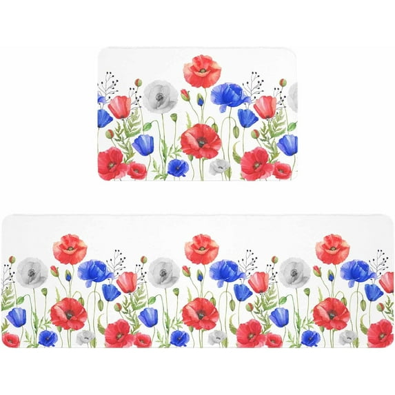 Kitchen Rugs and Mats,Red Blue Poppy Flower Independence Day 2 Piece Anti Fatigue Area Runner Rug Set Comfort Standing Floor Mat,Country Plant on White Non Slip Absorbent Doormats for Laundry