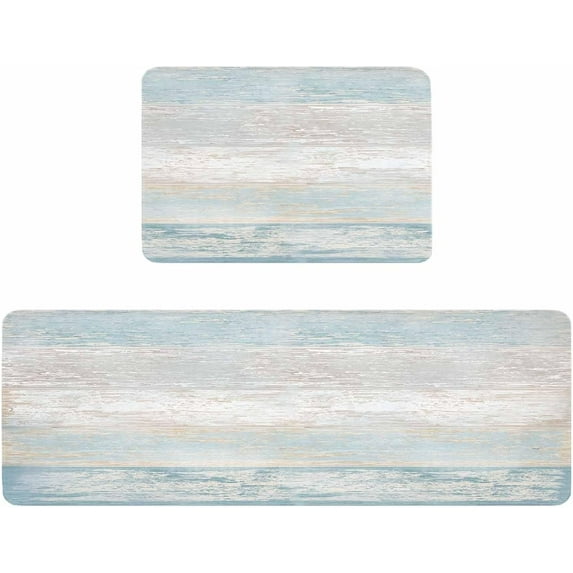 Kitchen Rugs and Mats,Retro Wood Board Light Blue Gradient 2 Piece Anti Fatigue Area Runner Rug Set Comfort Standing Floor Mat,Farmhouse Vintage Barn Non Slip Absorbent Doormats for Laundry/Bathroom