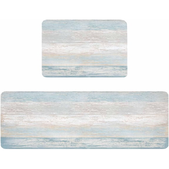 Kitchen Rugs and Mats,Retro Wood Board Light Blue Gradient 2 Piece Anti Fatigue Area Runner Rug Set Comfort Standing Floor Mat,Farmhouse Vintage Barn Non Slip Absorbent Doormats for Laundry/Bathroom