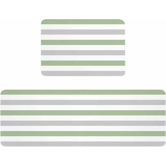 Kitchen Rugs and Mats,Sage Green Gray White Stripes 2 Piece Anti Fatigue Area Runner Rug Set Comfort Standing Floor Mat,Modern Art Horizontal Lines Non Slip Absorbent Doormats for Laundry/Bathroom