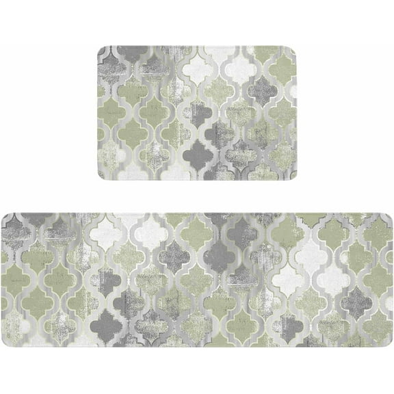 Kitchen Rugs and Mats,Sage Green Moroccan Retro Floral 2 Piece Anti Fatigue Area Runner Rug Set Comfort Standing Floor Mat,Modern Abstract Art Gray Non Slip Absorbent Doormats for Laundry/Bathroom