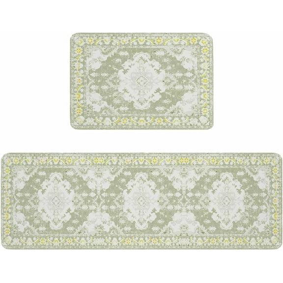Kitchen Rugs and Mats,Sage Green Retro Flowers Pattern 2 Piece Anti Fatigue Area Runner Rug Set Comfort Standing Floor Mat,Ethnic Tribe Geometric Art Non Slip Absorbent Doormats for Laundry/Bathroom