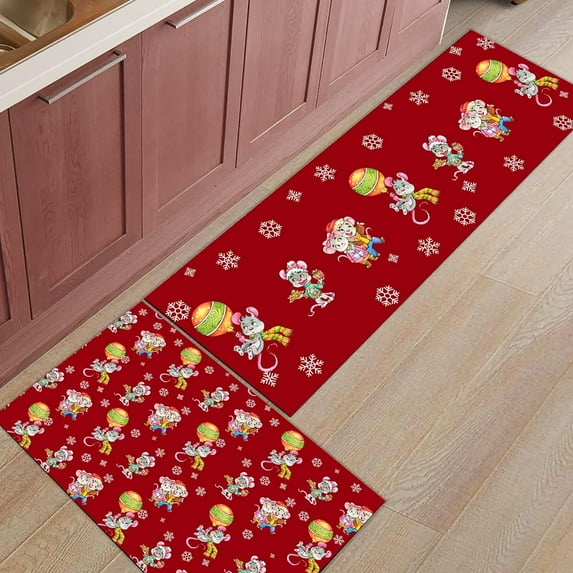 Kitchen Rugs and Mats Set of 1 Christmas Cartoon Mouse Colorful Lanterns Snowflake Red Kitchen Sink Mat,Non-Slip Area Runner Rug,Washable Floor Mat for Home Dining Room Office 20"x47"
