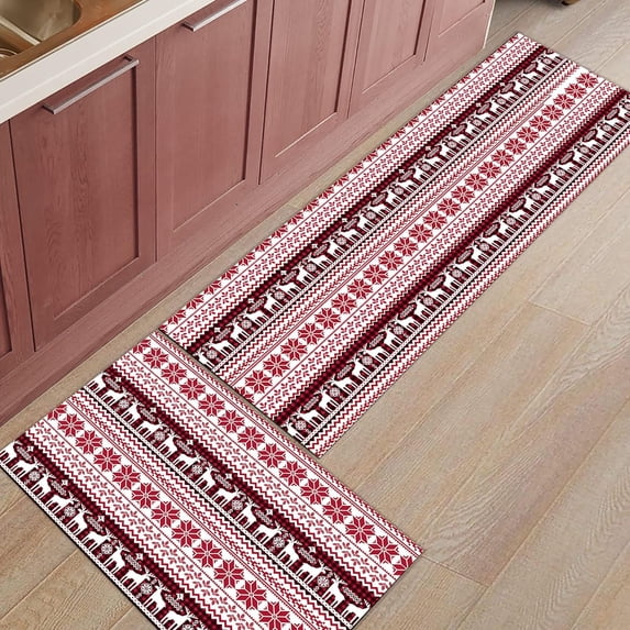 Kitchen Rugs and Mats Set of 1 Christmas Elk Snowflake Xmas Tree Mosaic Red Kitchen Sink Mat,Non-Slip Area Runner Rug,Washable Floor Mat for Home Dining Room Office 15"x47"