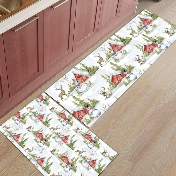 Kitchen Rugs and Mats Set of 1 Christmas Farmhouse Winter Scene Reindeer Snowman Kitchen Sink Mat,Non-Slip Area Runner Rug,Washable Floor Mat for Home Dining Room Office 18"x47"