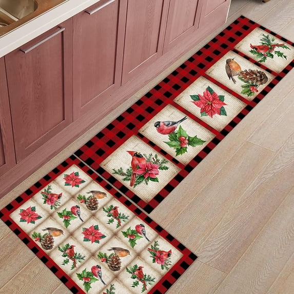 Kitchen Rugs and Mats Set of 1 Christmas Robin with Flowers on Buffalo Plaid Kitchen Sink Mat,Non-Slip Area Runner Rug,Washable Floor Mat for Home Dining Room Office 20"x47"