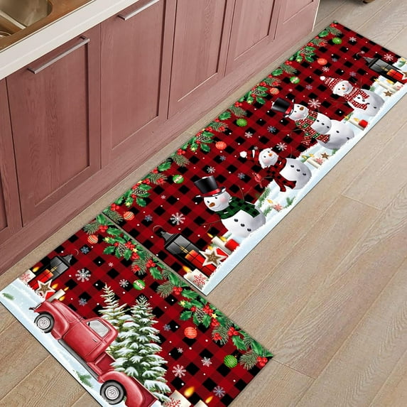 Kitchen Rugs and Mats Set of 1 Christmas Snowman Bird Truck Xmas Tree Plaid Kitchen Sink Mat,Non-Slip Area Runner Rug,Washable Floor Mat for Home Dining Room Office 15"x47"