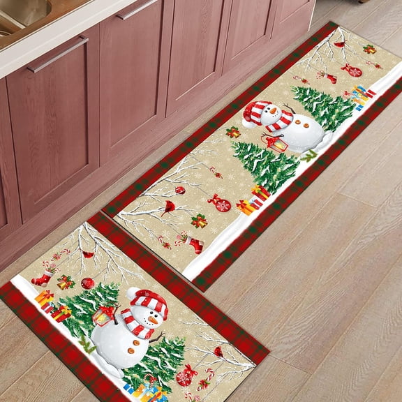 Kitchen Rugs and Mats Set of 1 Christmas Snowman Xmas Tree Bird Retro Linen Red Plaid Kitchen Sink Mat,Non-Slip Area Runner Rug,Washable Floor Mat for Home Dining Room Office 20"x47"
