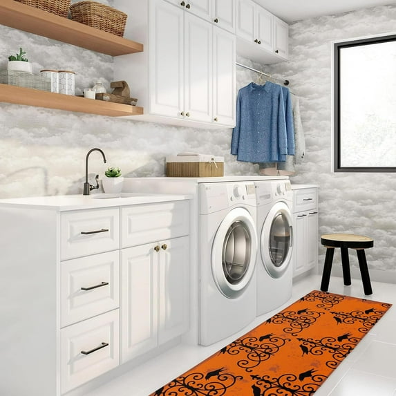 Kitchen Rugs and Mats Set of 1 Halloween Black Crow Wall Lamp Orange Kitchen Sink Mat,Non-Slip Area Runner Rug,Washable Floor Mat for Home Dining Room Office 15"x47"
