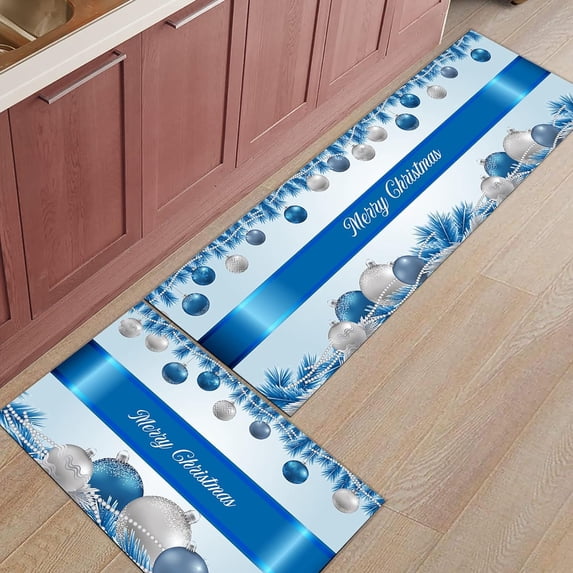 Kitchen Rugs and Mats Set of 1 Merry Christmas Blue Xmas Balls Pine Needles Kitchen Sink Mat,Non-Slip Area Runner Rug,Washable Floor Mat for Home Dining Room Office 20"x47"