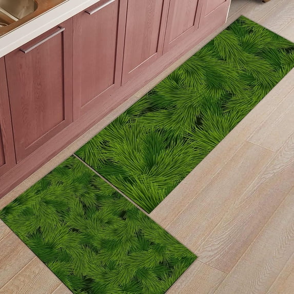 Kitchen Rugs and Mats Set of 1 Merry Christmas Pine Needles on Green Texture Kitchen Sink Mat,Non-Slip Area Runner Rug,Washable Floor Mat for Home Dining Room Office 20"x47"
