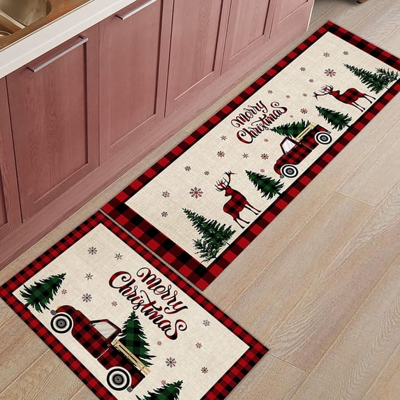 Kitchen Rugs and Mats Set of 1 Merry Christmas Red Truck Pull Xmas Tree Rustic Background Kitchen Sink Mat,Non-Slip Area Runner Rug,Washable Floor Mat for Home Dining Room Office 15"x47"