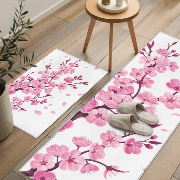 Kitchen Rugs and Mats Set of 2,Abstract Pink Cherry Blossom Flower on White Slip-proof Floor Mat Cushioned Doormat Floral Area Runner Rug for Kitchen,Bathroom,Living Room,Entryway Decor