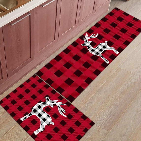 Kitchen Rugs and Mats Set of 2 Black and Red Plaid Forest Animal Elk Kitchen Sink Mat,Non-Slip Area Runner Rug,Washable Floor Mat for Home Dining Room Office 18"x30"+18"x48"