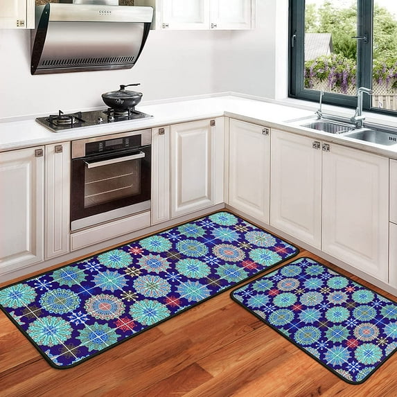 Kitchen Rugs and Mats Set of 2, Blue Kitchen Rug Comfort Floor Mat Non Slip Washable Kitchen Carpet Rug Runner for Floor Home, Office, Sink, Laundry 17"x47"+17"x30"-Ethnic Traditional Pattern