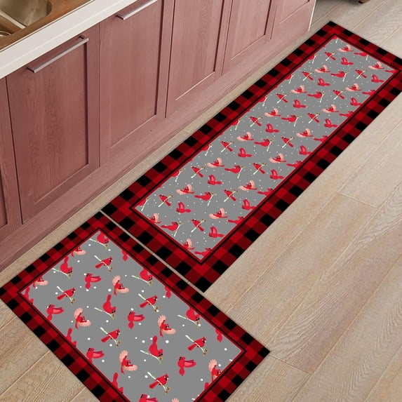 Kitchen Rugs and Mats Set of 2 Christmas Bird Snowflake Red Black Plaid Kitchen Sink Mat,Non-Slip Area Runner Rug,Washable Floor Mat for Home Dining Room Office 18"x30"+18"x48"