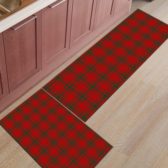 Kitchen Rugs and Mats Set of 2 Christmas Classical Red Green Plaid Kitchen Sink Mat,Non-Slip Area Runner Rug,Washable Floor Mat for Home Dining Room Office 18"x30"+18"x48"