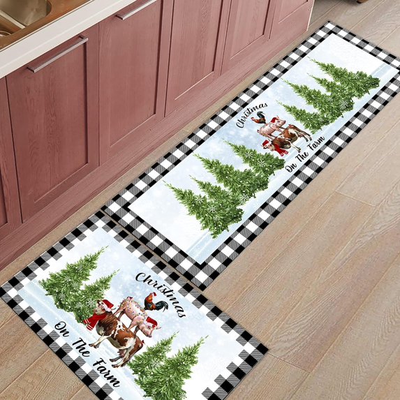 Kitchen Rugs and Mats Set of 2 Christmas Farmhouse Pig Cow Cock Black Plaid Kitchen Sink Mat,Non-Slip Area Runner Rug,Washable Floor Mat for Home Dining Room Office 18"x30"+18"x48"
