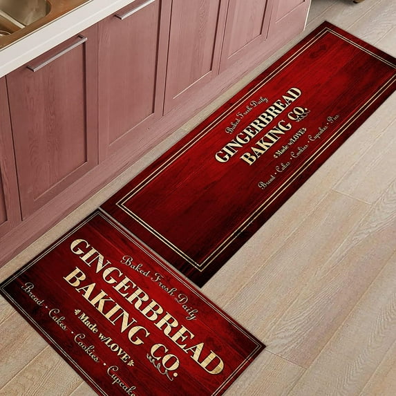 Kitchen Rugs and Mats Set of 2 Christmas Gingerbread Baking on Vintage Red Wood Plank Kitchen Sink Mat,Non-Slip Area Runner Rug,Washable Floor Mat for Home Dining Room Office 18"x30"+18"x48"