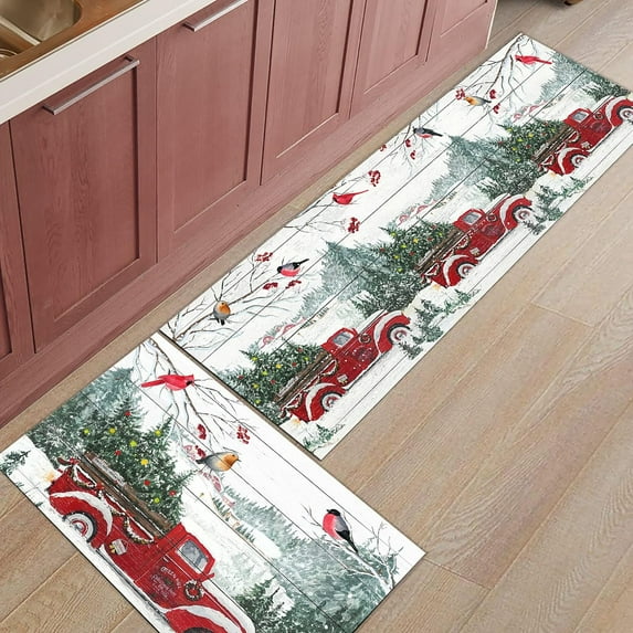 Kitchen Rugs and Mats Set of 2 Christmas Red Truck Xmas Tree Bird Winter Snowy Kitchen Sink Mat,Non-Slip Area Runner Rug,Washable Floor Mat for Home Dining Room Office 18"x30"+18"x48"
