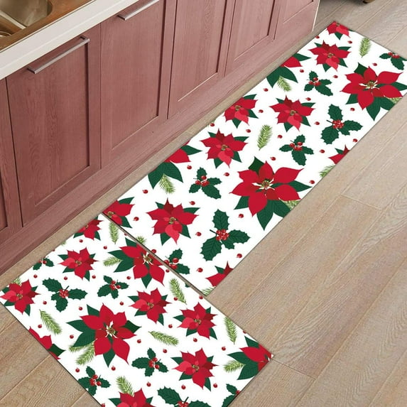 Kitchen Rugs and Mats Set of 2 Christmas Theme Red Flowers and Berry Kitchen Sink Mat,Non-Slip Area Runner Rug,Washable Floor Mat for Home Dining Room Office 18"x30"+18"x48"