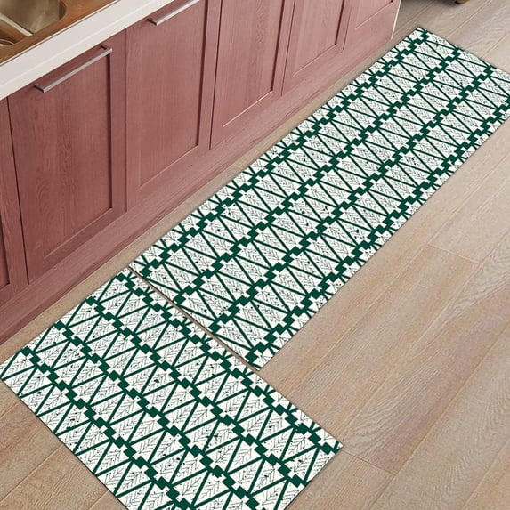 Kitchen Rugs and Mats Set of 2 Christmas Tree Green Geometric Pattern Kitchen Sink Mat,Non-Slip Area Runner Rug,Washable Floor Mat for Home Dining Room Office 18"x30"+18"x48"