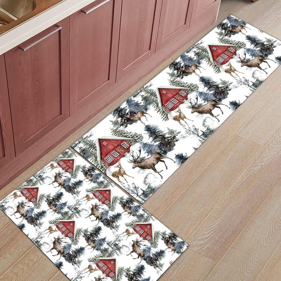 Kitchen Rugs and Mats Set of 2 Christmas Watercolor Elk and Log Cabin Kitchen Sink Mat,Non-Slip Area Runner Rug,Washable Floor Mat for Home Dining Room Office 18"x30"+18"x48"