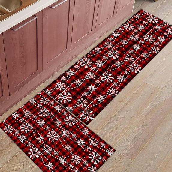 Kitchen Rugs and Mats Set of 2 Christmas Winter Snowflake Retro Red Buffalo Plaid Kitchen Sink Mat,Non-Slip Area Runner Rug,Washable Floor Mat for Home Dining Room Office 18"x30"+18"x48"