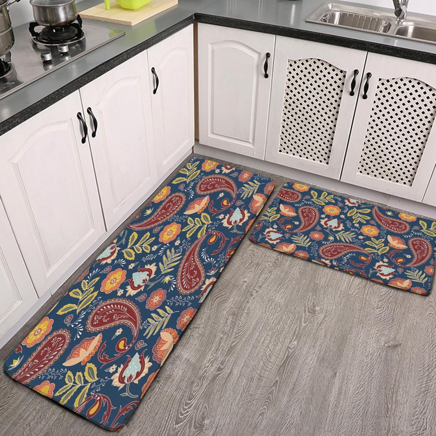 Kitchen Rugs and Mats Set of 2,Classic Paisley Pattern Anti Fatigue Mat