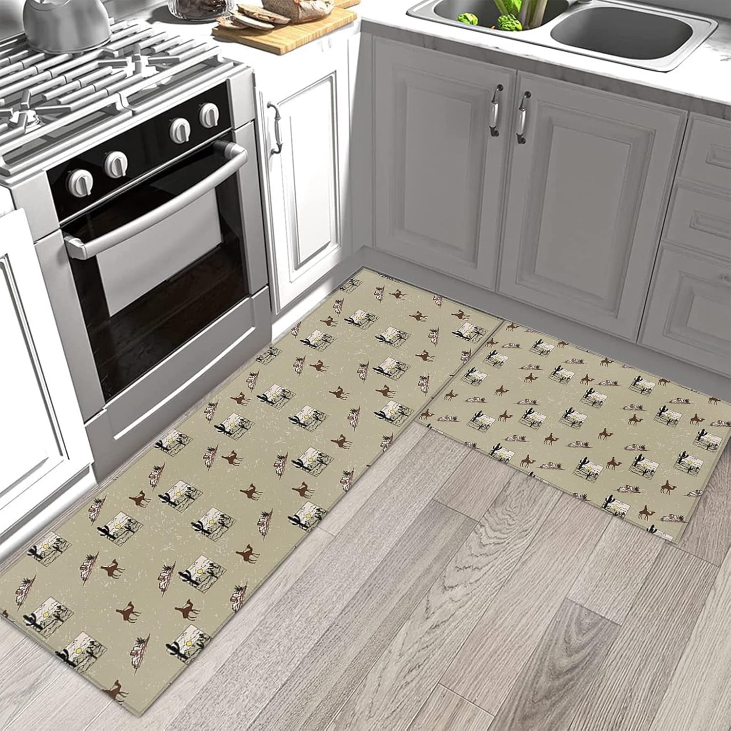 Kitchen Rugs and Mats Set of 2, Desert Theme Camel Mountain and Cactus Plant Non-Slip Floor Doormat Comfort Area Runner Rug and Mat, Tropical Botanical Indoor Entrance Carpet Home Decor