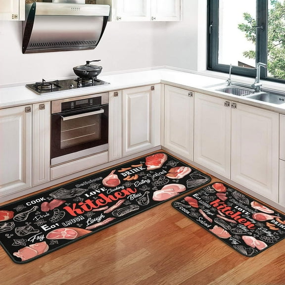 Kitchen Rugs and Mats【 Set of 2】 Farmhouse Kitchen Decor, Non Skid Washable Black Kitchen Mat Soft Super Absorbent Kitchen Mat Runner Set Doormat Bathroom,Meat Design (17"x47"+17"x30")
