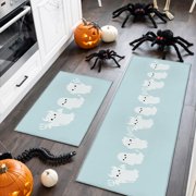 Kitchen Rugs and Mats Set of 2,Halloween White Ghost on Light Blue Slip-proof Floor Mat Cushioned Doormat Funny Devil Sketch Area Runner Rug for Kitchen,Bathroom,Living Room,Entryway Decor